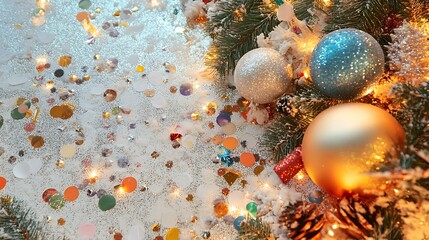 New Year's Eve corner arrangement with scattered confetti, glittery decor, and a festive vibe on white