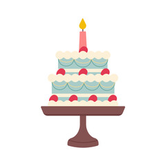 Birthday cake with candle on a stand. Flat vector illustration. Isolated on white background