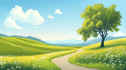 Serene Winding Path Through Lush Green Meadow Landscape