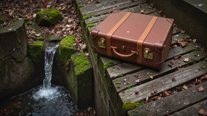Vintage suitcase by a stream, great for travel inspiration, nostalgia-themed blogs, and adventure planning.