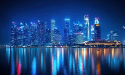 Fototapeta premium Stunning Nighttime Skyline of a Modern Cityscape with Bright Reflections in Water and Towering Skyscrapers Illuminated by Colorful Lights