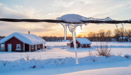 Fototapeta premium Icicles hanging from wire in rural landscape at sunset, winter beauty
