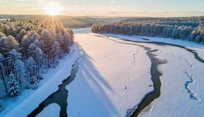 Obraz premium Frozen river bend at sunrise with breaking ice, nature's serenity