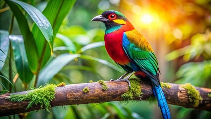 Fototapeta premium Vibrant Tropical Bird in Lush Jungle - Candid Wildlife Photography