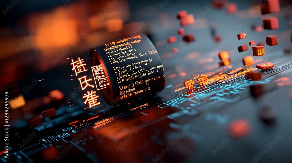 Poster hypnotic digital landscape of glowing code and cyber symbols an abstract futuristic composition of i