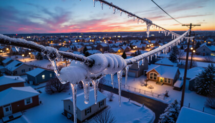 Ice-coated power lines at dusk in suburban neighborhood, winter beauty