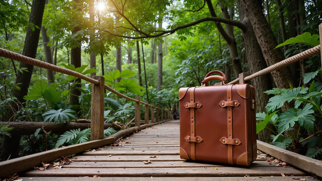 Brown suitcase on a forest path, ideal for adventure blogs, travel planning, and outdoor explorations.