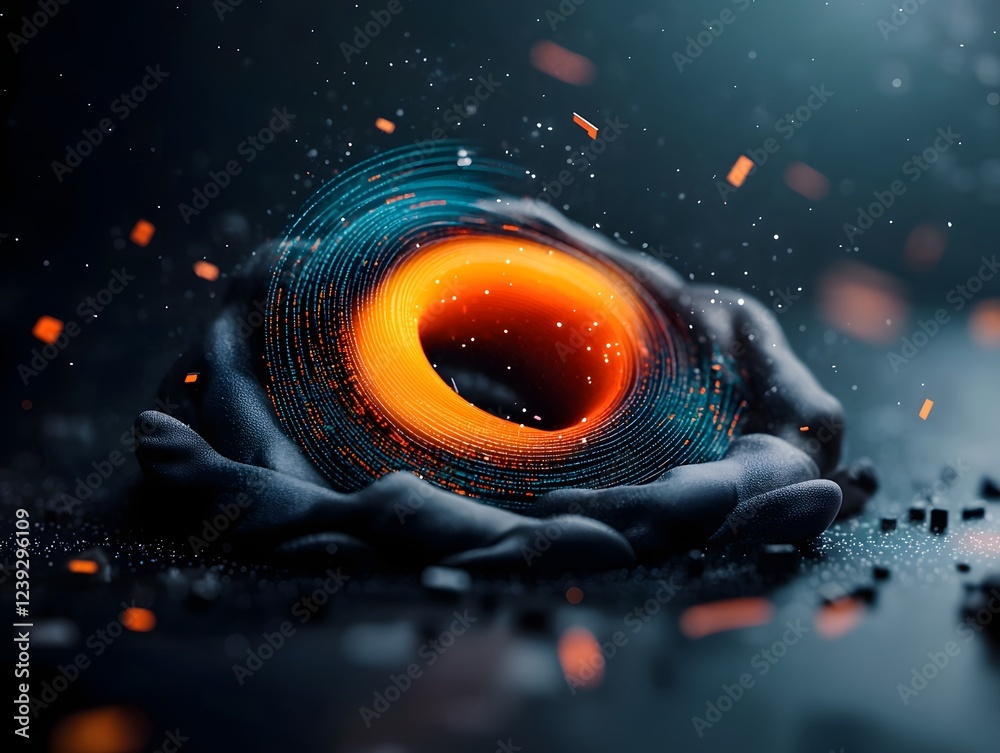Poster hypnotic swirling matrix of digital information interweaving futuristic algorithms and networked sys