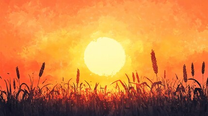 Tranquil Watercolor Evening Landscape with a Warm Orange Sun Setting over Distant Hills and a Serene River Flowing Gently through the Valley