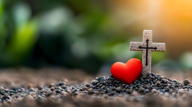 Iconic Christian cross and vibrant red heart resting on a gravel strewn surface embodying the essence of divine love and religious redemption