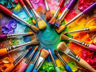 Fototapeta premium Vibrant Watercolor Paintbrushes & Palette: Arts & Crafts Stock Photo