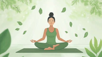 Meditation practice with green leaves in a serene environment