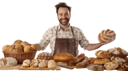 Baker with assortment of fresh baked bread on transparent background