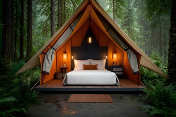 Immerse Yourself in an Enchanting Forest Glamping Experience A Sumptuous Cabin Style Tent Interior Nestled within a Picturesque Woodland Landscape Offering a Tranquil and Rejuvenating Outdoor Respite