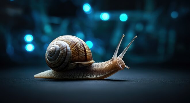 Close-up of a garden snail crawling on a dark surface with blue lights in the background