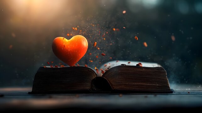 Incandescent heavenly heart embracing a worn holy book surrounded by ethereal divine radiance and profound spiritual resonance  Detailed devotional imagery with a dramatic chiaroscuro effect