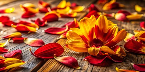 Vibrant Yellow and Red Flower Petals Scattered on Rustic Wooden Table, Food Photography