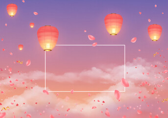 Obraz premium 春の夜 - 提灯が彩る桜の風景、花見の告知