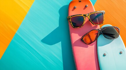 Kiteboards and sunglasses isolated on a colorful background