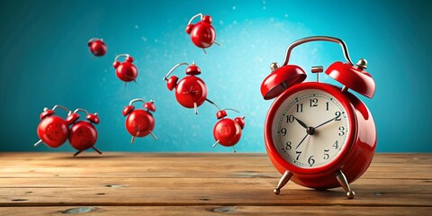 Vintage Alarm Clocks Falling on Wooden Surface with Blue Background