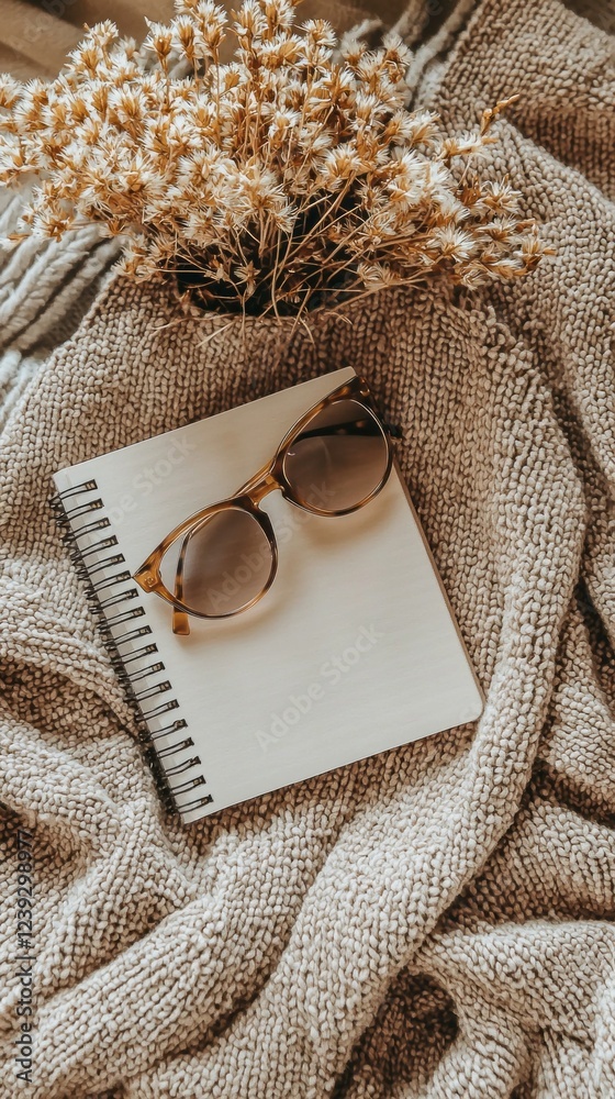 Poster a tranquil indoor setup featuring a soft, textured blanket, an open blank notebook ready for thought