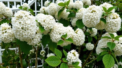 White hydrangeas bloom in a lush garden
