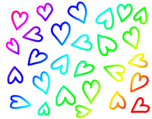 hand drawn bright vivid gradient rainbow hearts isolated on white background, happy valentine template