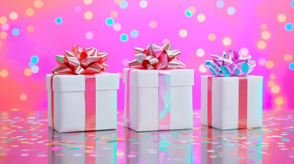 Colorful gift boxes decorated with bows on a vibrant background during a festive celebration