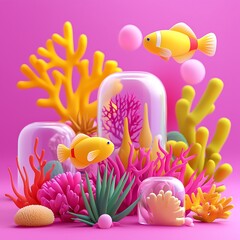Stylized 3D Render of Cartoon Clownfish in a Vibrant Pink Coral Reef Scene