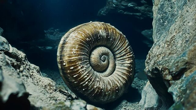 Spiral shell resting on the ocean floor amidst rocky formations at twilight