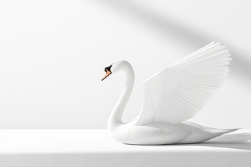 A realistic 3D rendering of a pure white swan with its wings gracefully extended, casting a soft shadow on a smooth white surface, representing elegance, serenity, and gracefulness