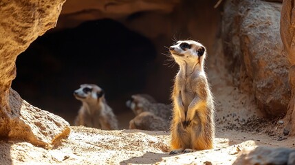 A curious meerkat stands upright in front of its burrow, while others nearby seem to be exploring their sandy habitat.