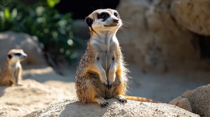 Fototapeta premium A curious meerkat stands upright on a rock, surveying its surroundings, while another meerkat is visible in the background.