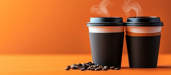 Two steaming cups of coffee with coffee beans on an orange background.