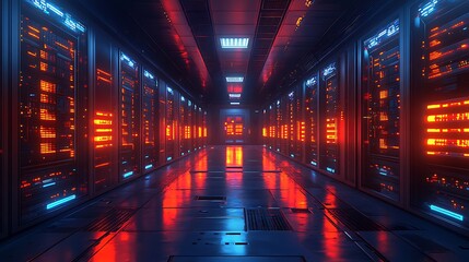A futuristic server room illuminated with a mesmerizing display of blue and orange lights.