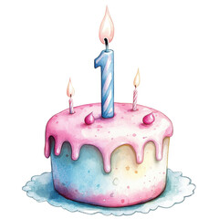 A colorful birthday cake featuring pink icing, a blue candle, and a single number one candle, perfect for celebrating a first birthday.