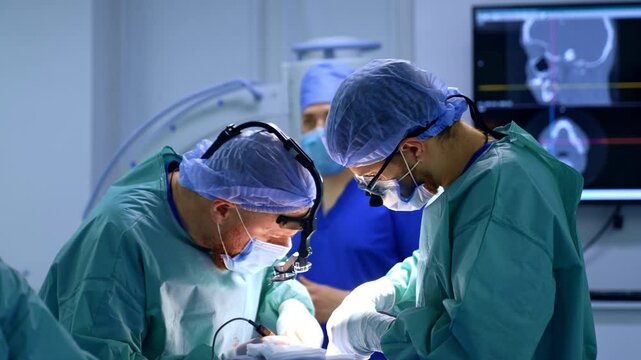 Confident male surgeon uses electric device and metal tool at operation. Maxillofacial surgery in progress.