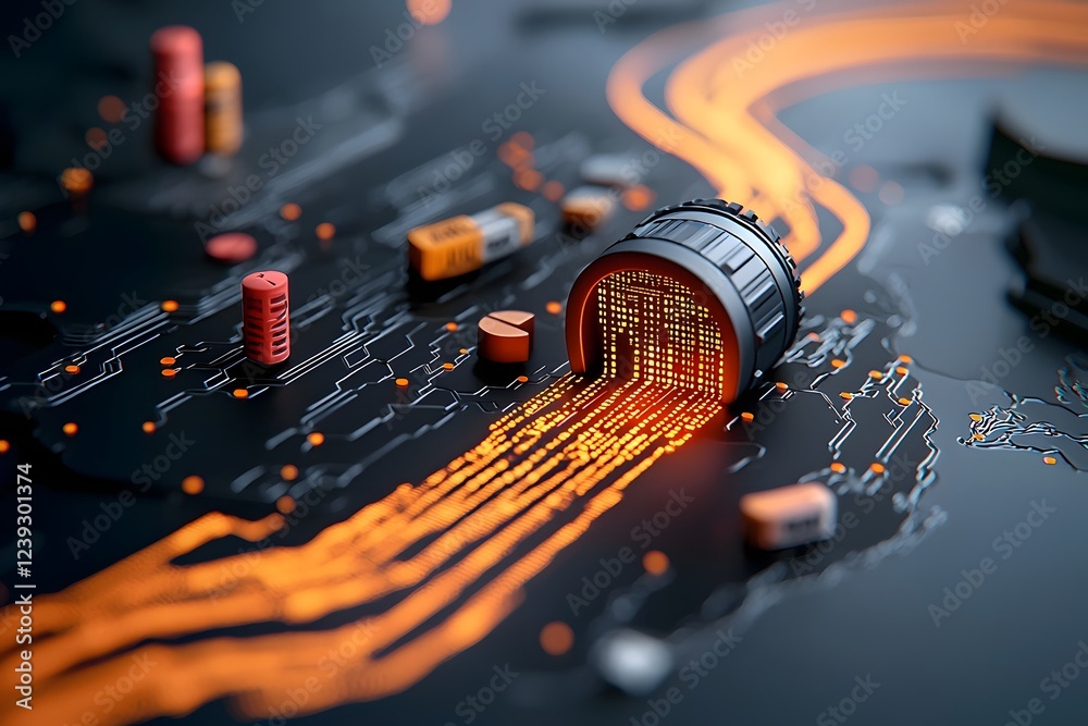 Poster intricate glowing data streams and lines of code pulsing across a shadowy futuristic landscape captu