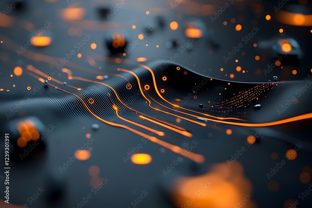 Poster intricate glowing data streams and lines of code pulsing across a shadowy futuristic landscape captu
