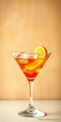 Vibrant cocktail with orange slices and ice cubes in a classic glass on a warm backdrop