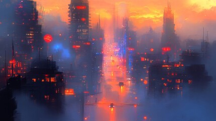 Obraz premium Futuristic City at Sunset with Vibrant Lights and Fog
