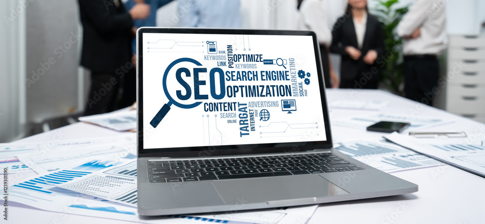 Poster SEO search engine optimization for brisk e-commerce and online retail business showing on computer screen