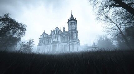 Obraz premium Eerie gothic mansion in misty woods, Halloween backdrop