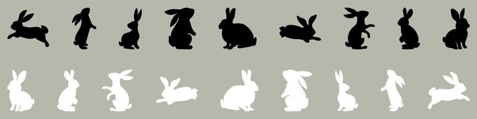 Obraz premium Black and white silhouettes of Easter bunnies. Set of different rabbits silhouettes. Cutie bunnies. Vector. EPS 10