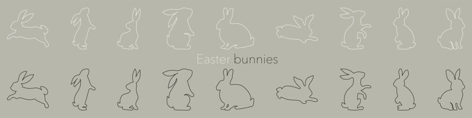 Black and white linear silhouettes of Easter bunnies. Set of different rabbits silhouettes. Cutie bunnies. Vector. EPS 10