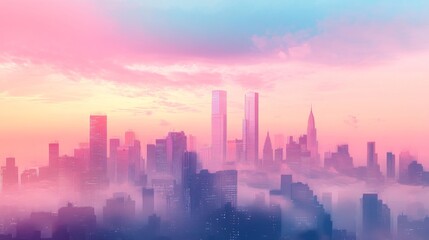 Fototapeta premium Pink And Purple City Skyline At Sunset