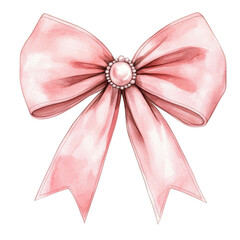 A delicate pink bow adorned with a pearl in the center, featuring flowing ribbon tails.