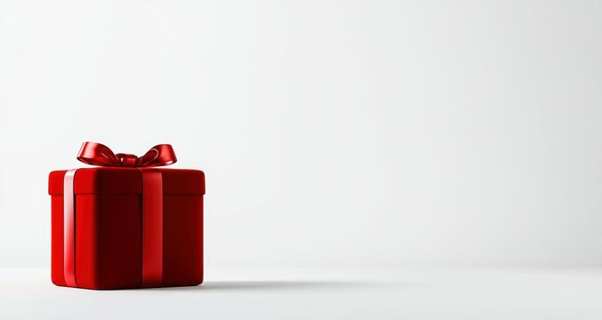 A realistic 3D rendering of a red velvet gift box with a silky ribbon, sitting against a seamless white background, symbolizing luxury and celebration