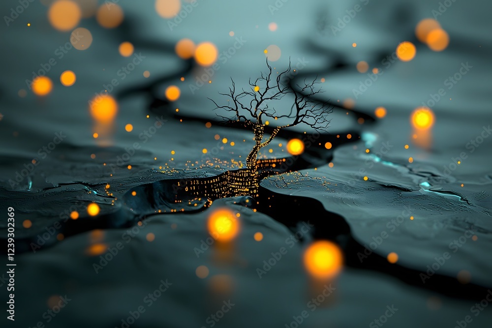 Poster intricate webs of glowing code and algorithms intertwining across a dark void visualizing the comple