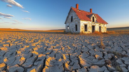 A lonely farmhouse, weathered and abandoned, rests on parched earth as the sun sets, casting a warm glow over the desolate landscape and revealing nature's stark beauty in solitude